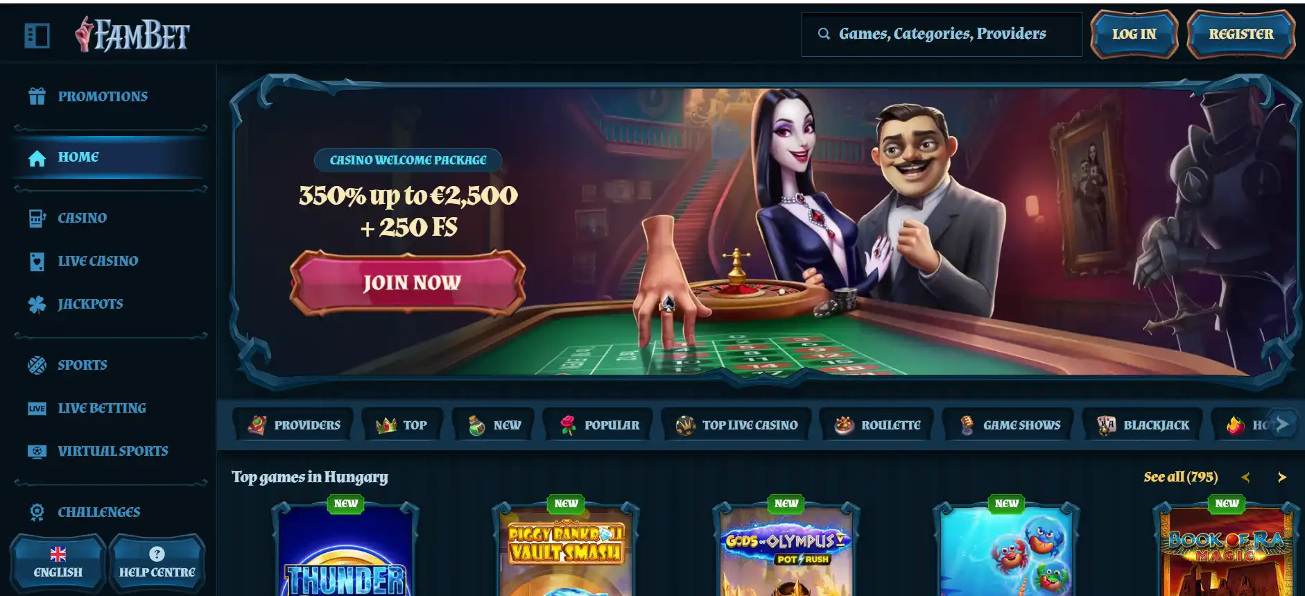 FamBet English homepage with casino and sportsbook navigation