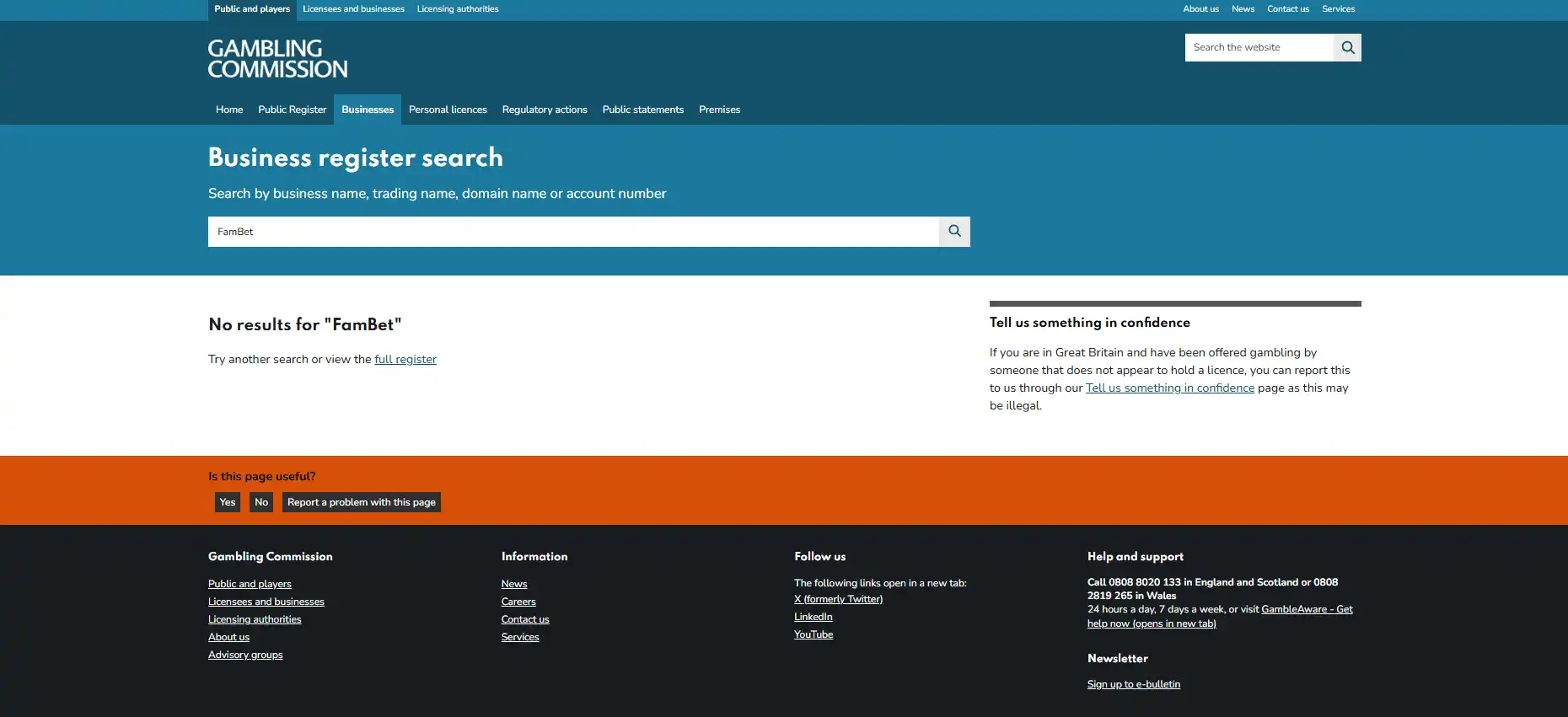 UK Gambling Commission public register search context for FamBet