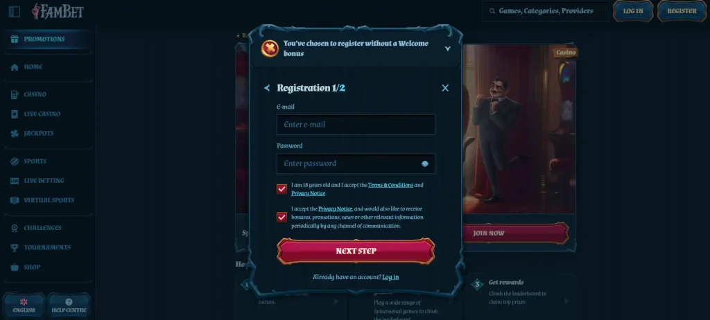 Current FamBet registration form before any personal information is entered