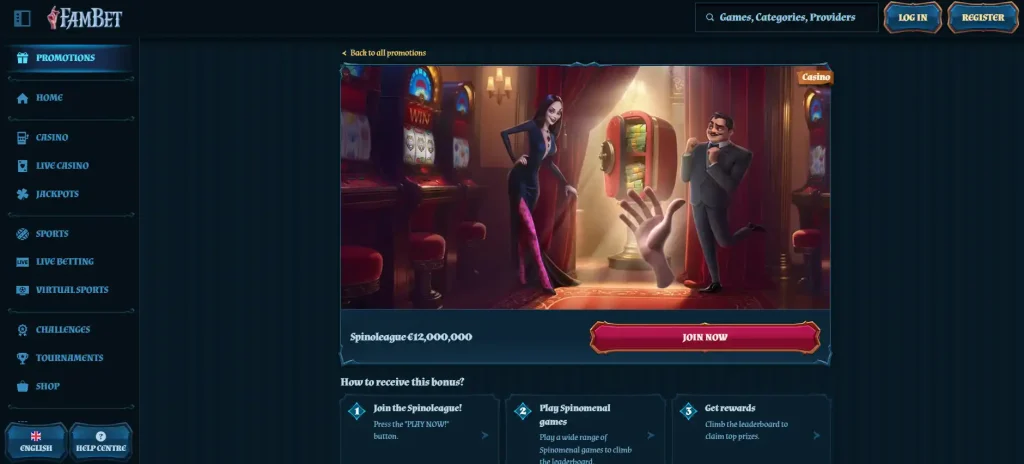 Current FamBet Spinoleague promotion on the official casino promotions page