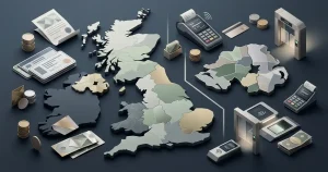 Editorial illustration separating Great Britain and Northern Ireland within a UK gambling regulation context