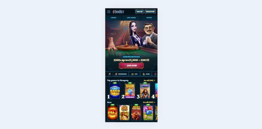 FamBet homepage viewed at mobile width with responsive navigation