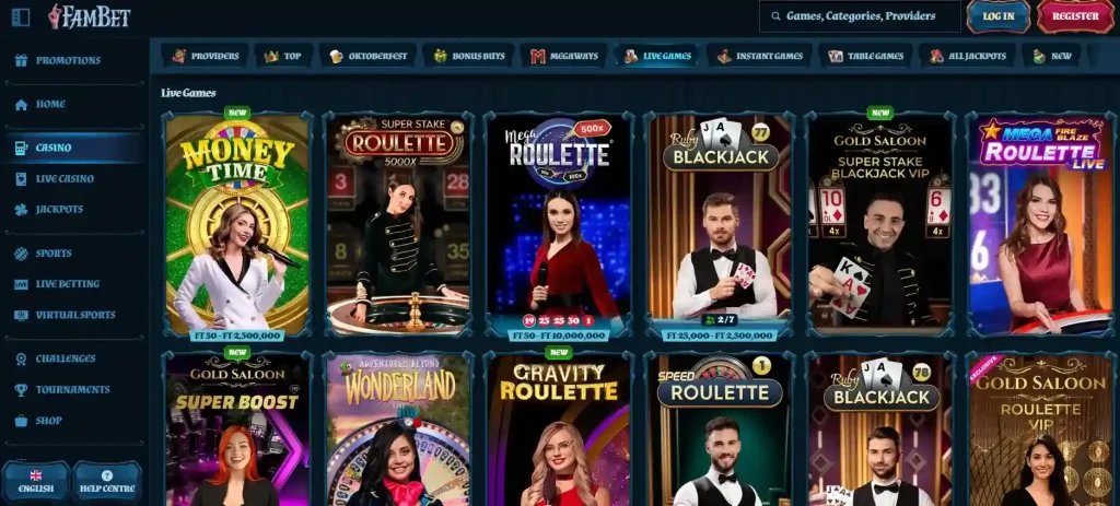 FamBet live casino category showing live dealer navigation