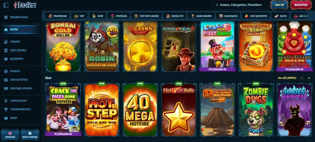 FamBet slots category showing real game tiles and browsing controls