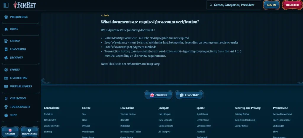 FamBet verification guidance showing current KYC or customer-due-diligence wording